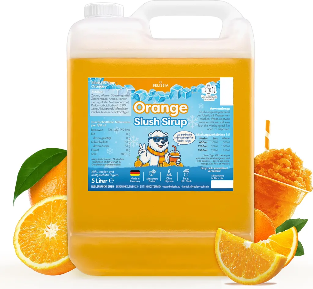 Rudler & Rocks Belissia Slush Ice Syrup 5L Concentrate | Orange Flavor | Highly concentrated in vibrant colors (1:5) | Glycerin-free 5000 ml