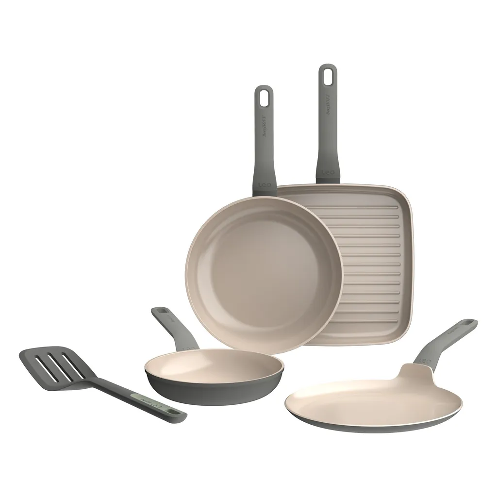 BergHOFF Leo frying pan set, 4-piece, aluminum, ceramic non-stick coating, induction compatible, cool-touch handles, grey, 20-26 cm