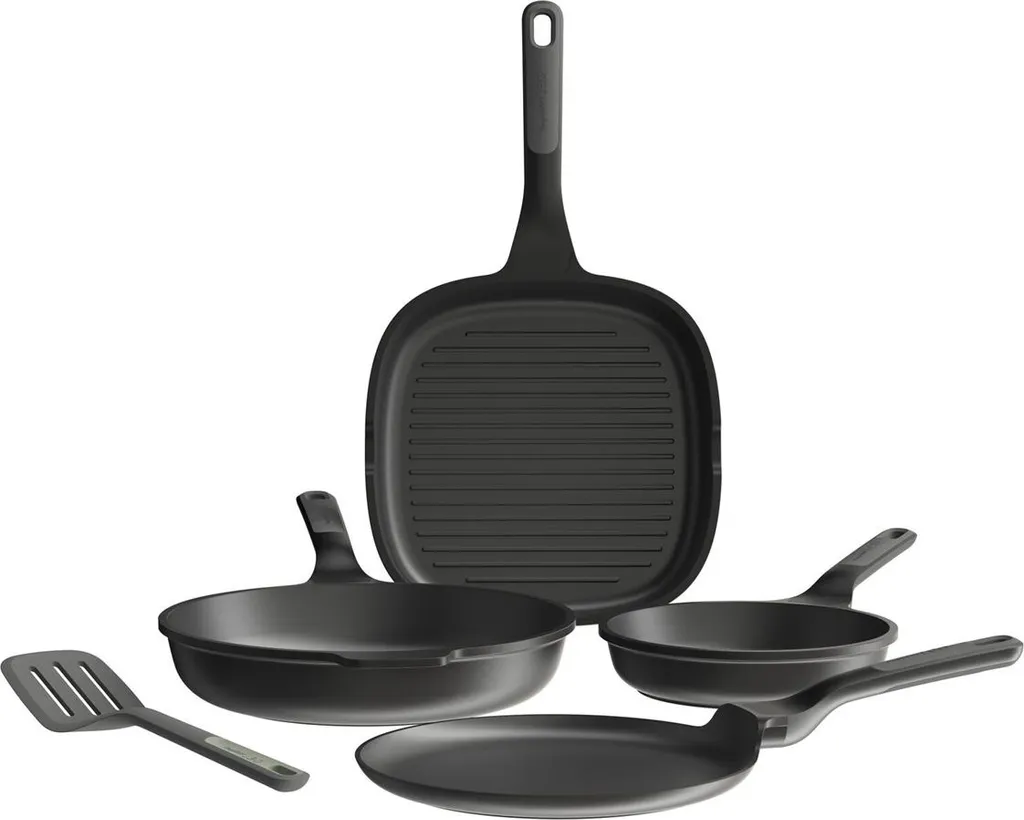 BergHOFF Leo frying pan set, 4-piece, induction compatible, grey recycled aluminum, ceramic non-stick coating, cool-touch handles, including spatula