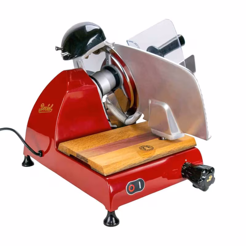 Berkel Red Line 250 Red, All-Purpose Slicer + Handmade Barrel Board Made from Old Wine Barrels