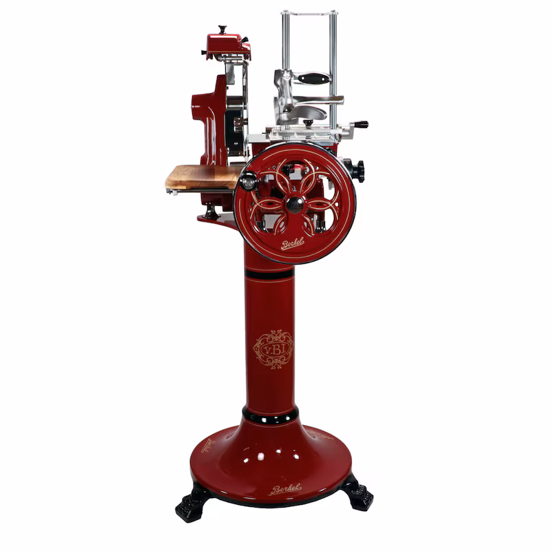Berkel Volano B2 flywheel slicer in red – Beautiful slicer with stand + barrel wood board, unique item