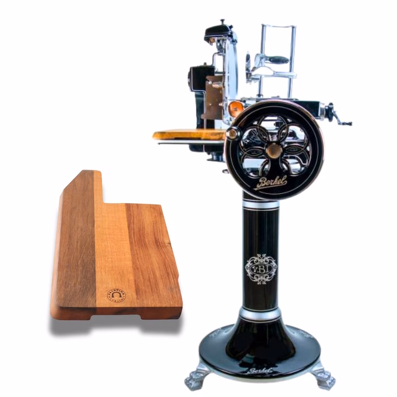 Berkel Volano B3 flywheel slicer in black – Beautiful slicer with stand + barrel wood board, unique item