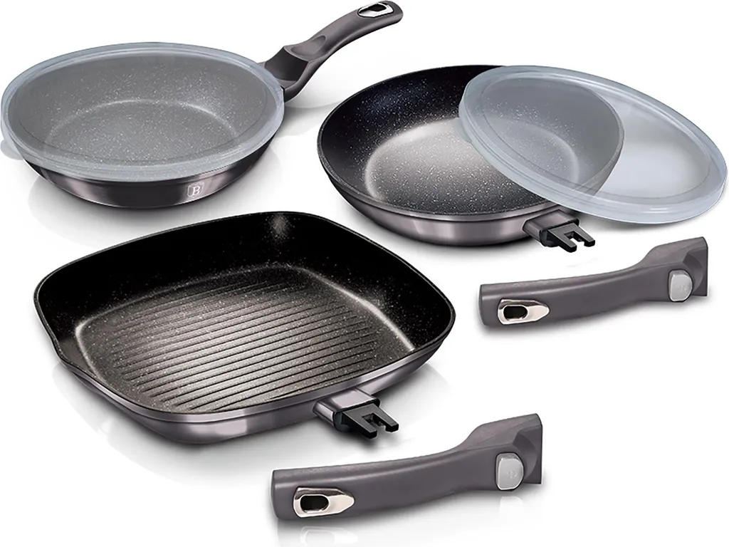 Berlinger Haus Carbon Pro Frying Pan Set + Grill Pan 20-24-28 cm Induction Compatible, Non-Stick, Removable Handles Dark Grey
