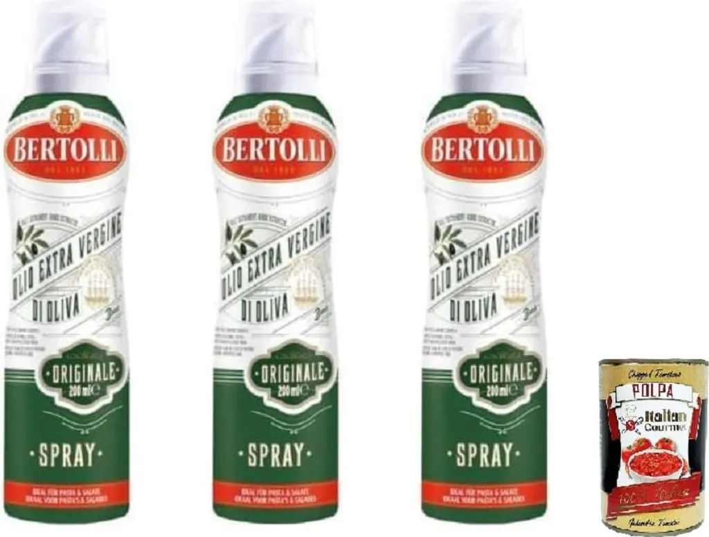 Bertolli Extra Virgin Olive Oil Spray 3 x 200 ml (600 ml) – extra virgin olive oil in a fine spray mist, precisely dosed for cooking, baking, grilling & salads, kitchen & air fryer + Italian Gourmet polpa 1000 ml