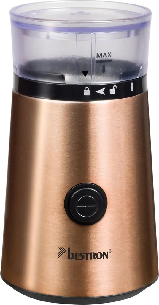 Bestron electric coffee grinder with stainless steel blade, including safety lock, capacity: 50g, 150W, color: copper