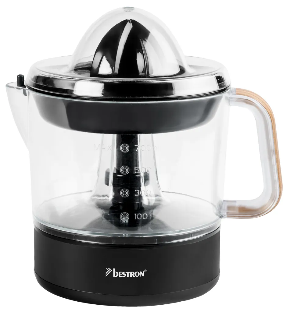Bestron electric citrus and orange juicer, including 2 juicing cones and aroma lid, motor with two rotation directions (left/right), capacity: 0.7 liters, Black & Wood Collection, color: black/wood