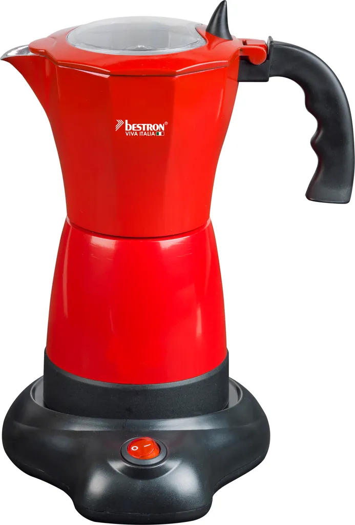 Bestron Electric Espresso Maker with 360° Base, Viva Italia, For 6 Espresso Cups: 180 ml, 480 Watts, Aluminum, Color: Red