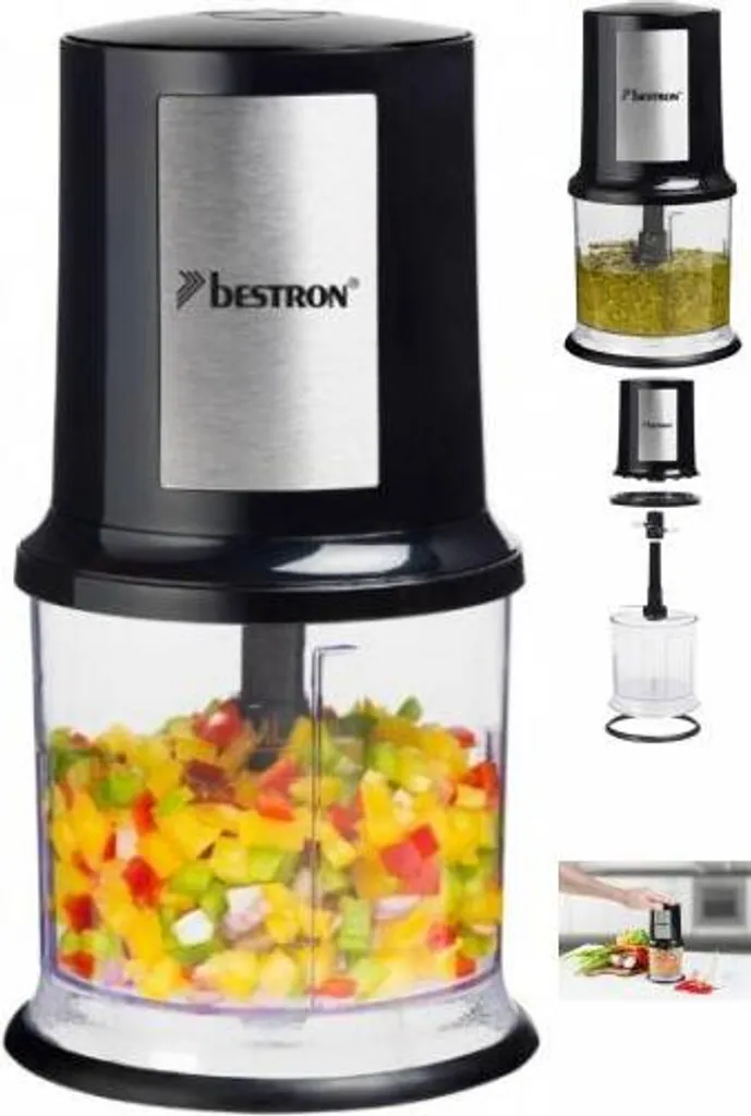 Bestron electric multi-chopper, universal chopper with two cutting blades & 500ml capacity, large pulse button, 400 watts, AKC200, color: black / silver
