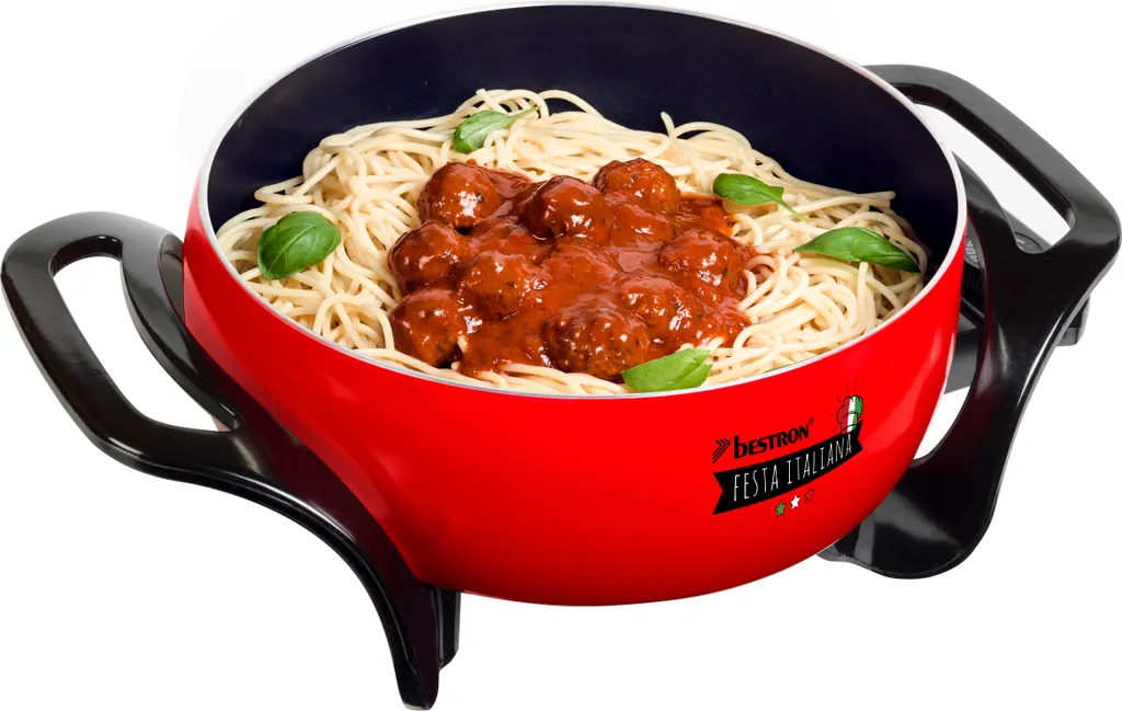 Bestron Party Pan, XL Multifunctional Pan with Glass Lid in Italian Design, Non-Stick Coating, 1500 W, Red/Black