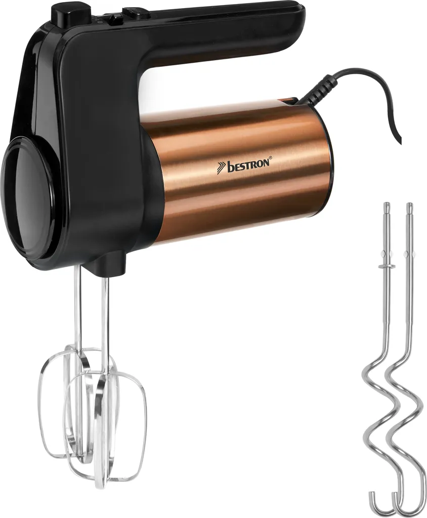Bestron Power Hand Mixer, Electric Hand Mixer with 2 Whisks and 2 Dough Hooks, 6 Speeds, 400 Watts, Color: Black/Copper