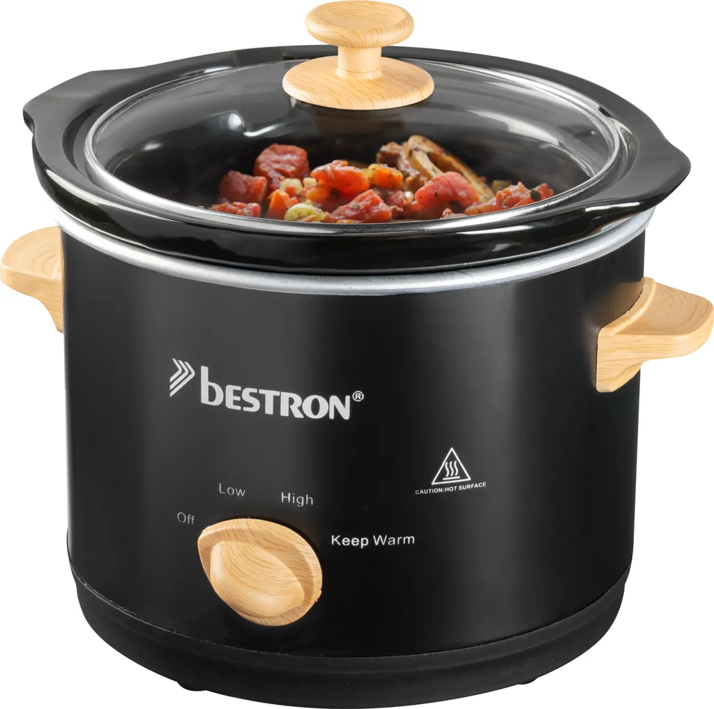 Bestron Slow Cooker for 2 People, with Ceramic Pan & Glass Lid, 3-Stage Thermostat, Ideal for Many Dishes Such as Meat, Soups & Vegetables, 1.5 Liters, Black & Wood, Color: Black/Wood