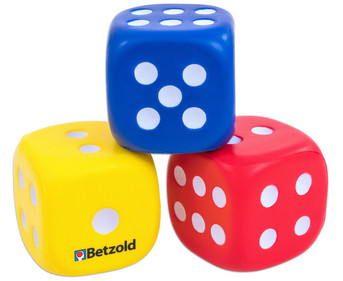 Betzold foam dice, 3 pieces (red, blue, yellow)