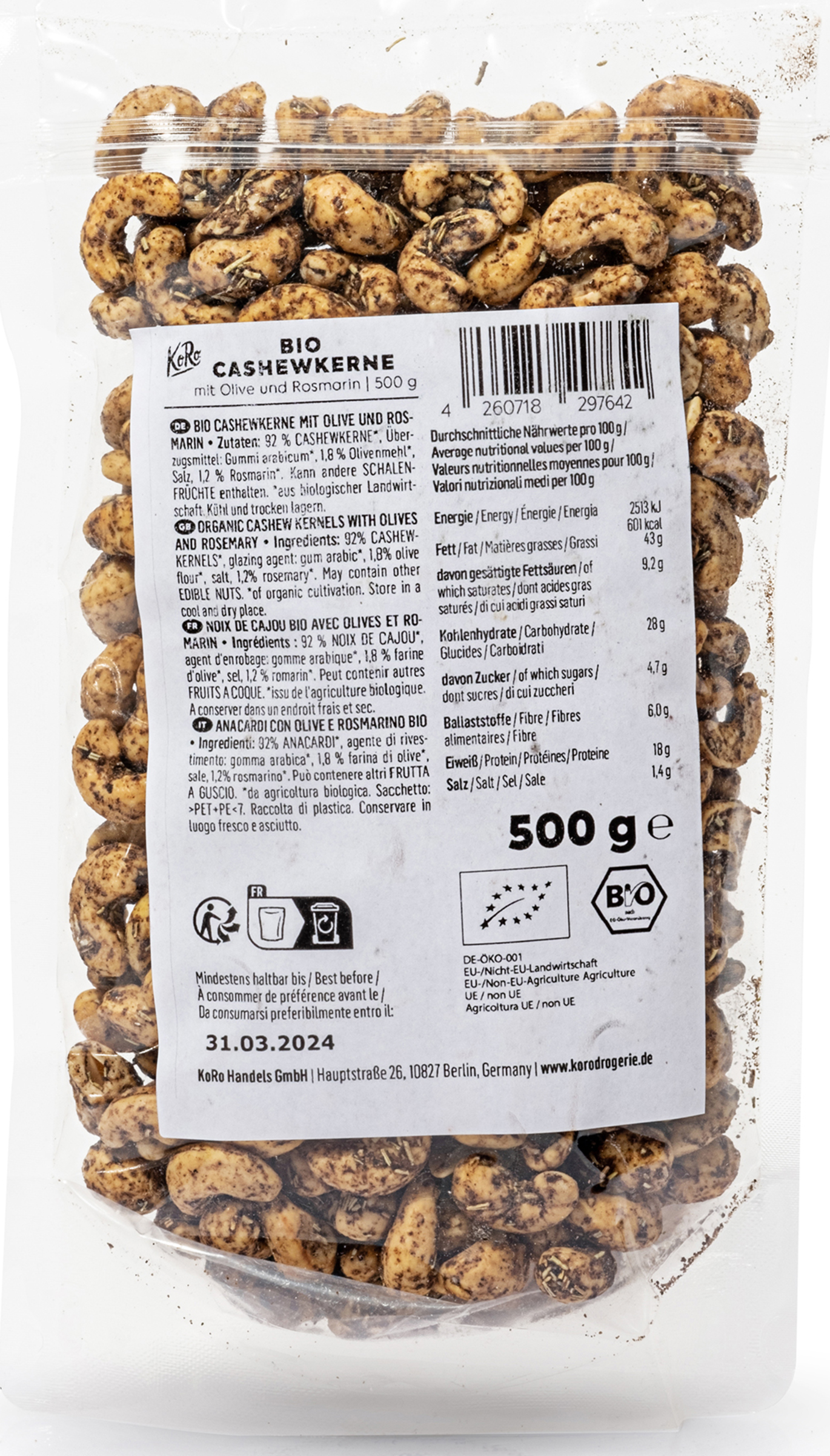 KoRo Organic cashews with olive and rosemary