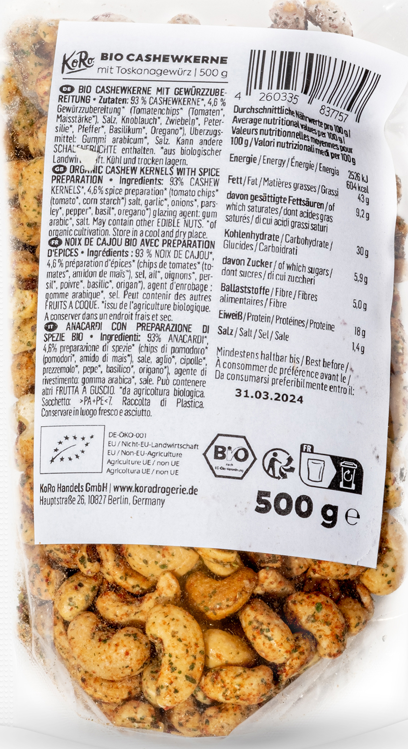 KoRo Bio cashew nuts with Tuscan wigs