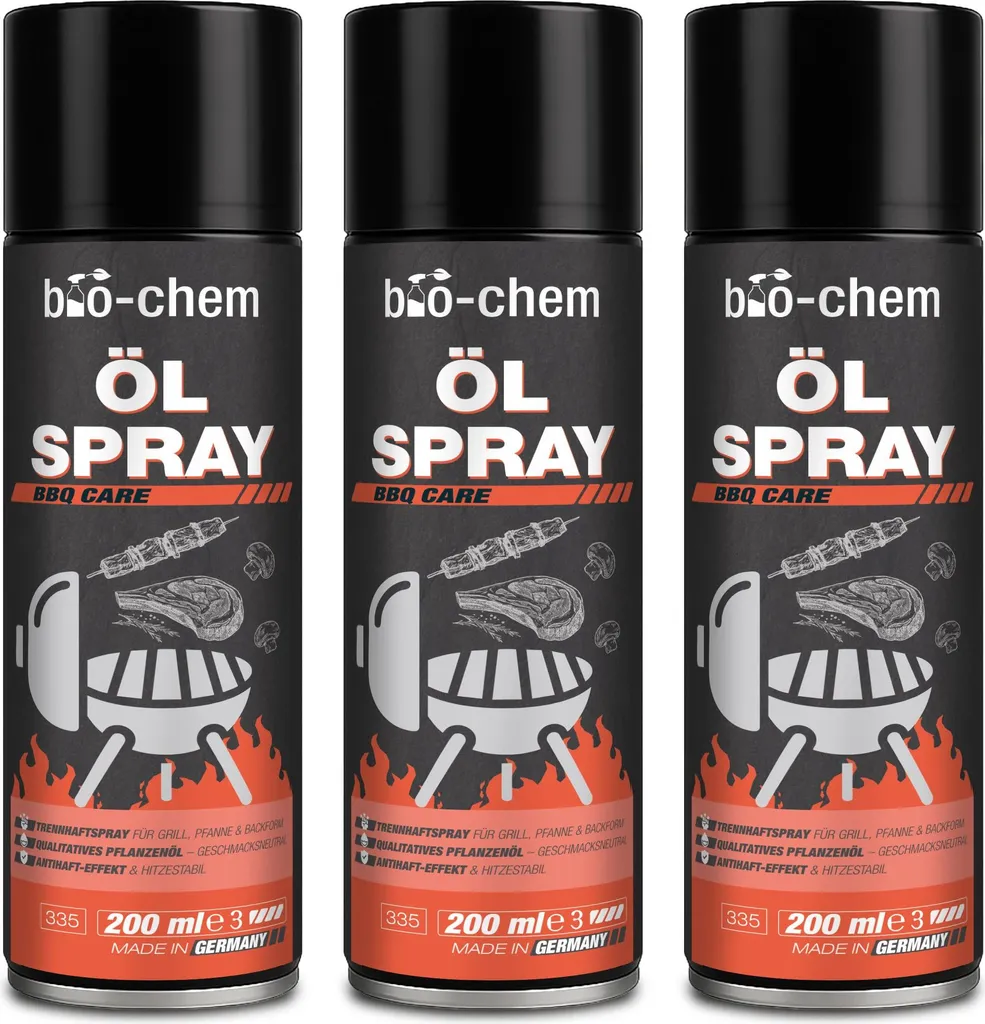 bio-chem CLEANTEC bio-chem Oil Spray BBQ Care – Airfryer Oil Spray & Baking Release Spray – Rapeseed Oil Release Spray for Grill, Pan & Baking Pan – Non-stick, heat-resistant up to 180 °C 3 x 200 ml