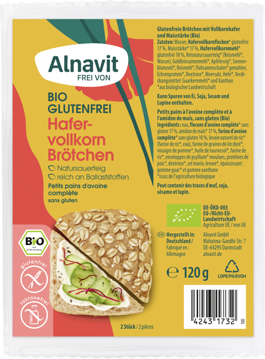 Alnavit Organic wholemeal oatmeal bread rolls gluten-free
