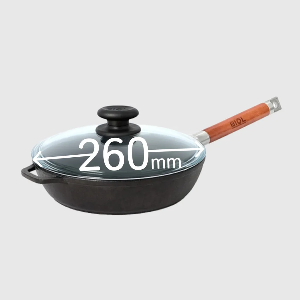 BIOL Deep Cast Iron Pan 26cm with Glass Lid and Removable Wooden Handle