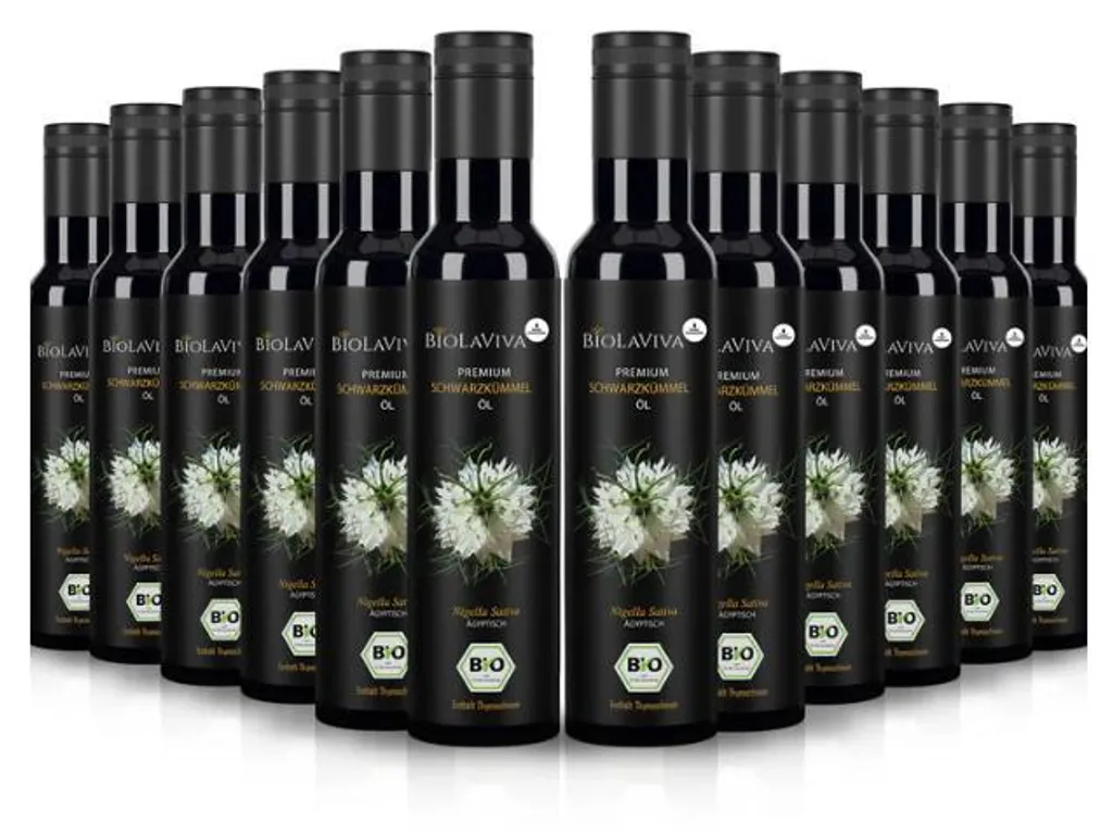BIOLAVIVA Black Seed Oil (12 x 250ml) – cold-pressed & unfiltered – high thymoquinone content – ​​laboratory & light-protected