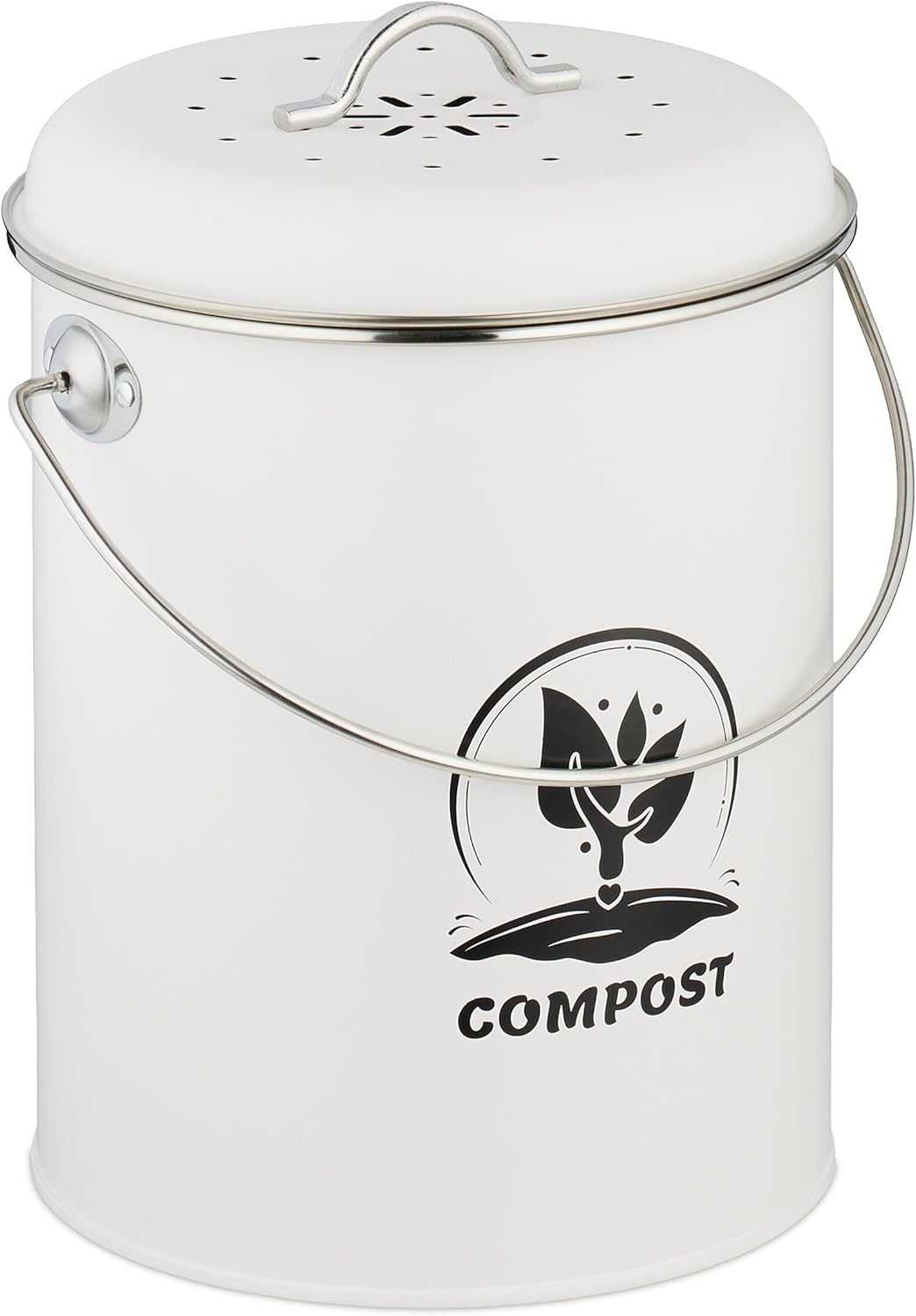 Relaxdays Kitchen Compost Bin 5.5 Litres, Rubbish Bin with Lid and Odour Filter, Waste Bin, Organic Waste, Iron, White