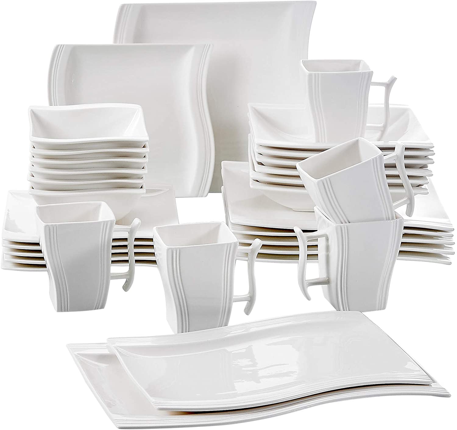 MALACASA, Flora Series 32-Piece Cream White Porcelain Crockery Set with 6 Bowls, 6 Dessert Plates, 6 Soup Plates, 6 Dinner Plates, 2 Rectangular Plates and 6 Cups