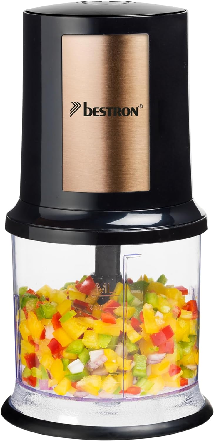 Bestron Electric Multi-Chopper Universal Chopper with Two Cutting Blades & 500 ml Capacity, Large Pulse Button, 400 Watt, Colour: Copper