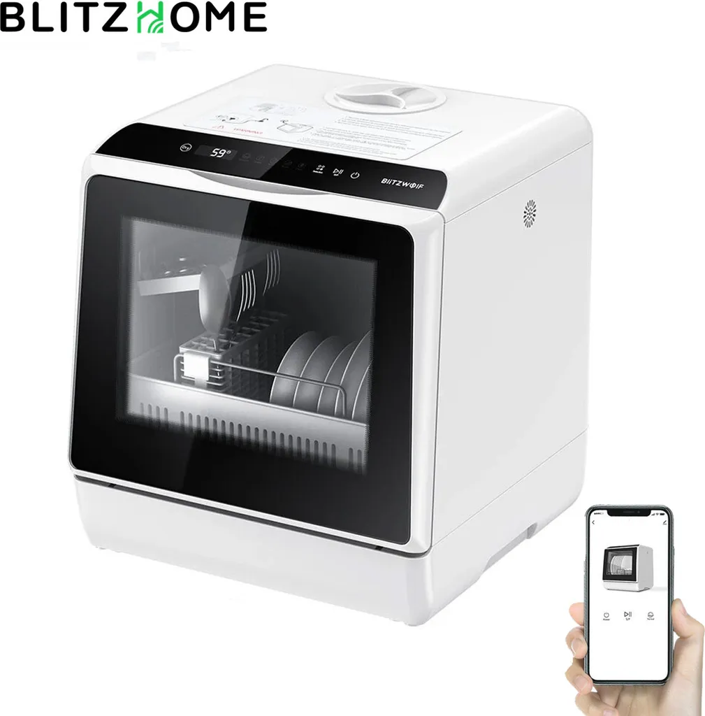 INSMA BlitzHome APP Mini Dishwasher 5L Tabletop Dishwasher Dual Water Inlet Freestanding Dishwasher for Office, Small Apartment, Camping, Caravan, White