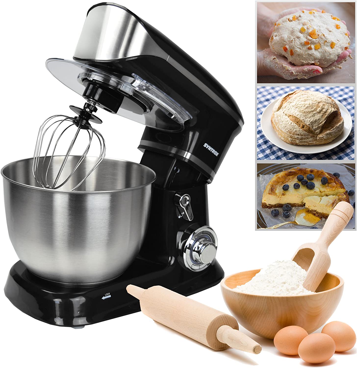 Syntrox Germany KM-6.5L Basic Food Processor Kneading Machine Mixer, Stainless Steel Container, 6.5 Litres, Black