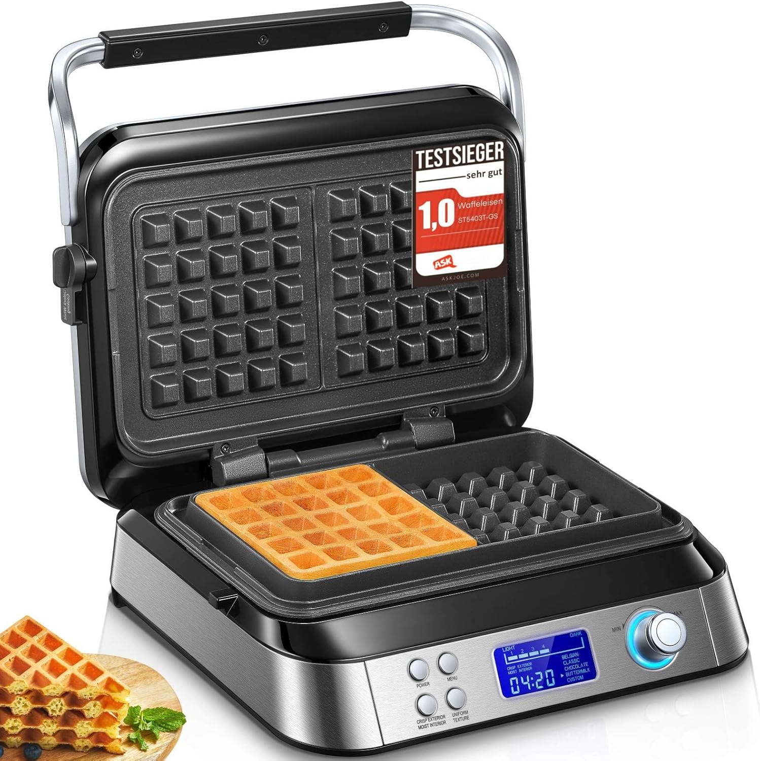 FOHERE Waffle Iron 1600 W, Double Waffle Iron for Belgian Waffles, 5 Programs, 7 Browning Levels, LCD Display, Countdown Timer, Overflow Groove, Extra Deep Heating Plates