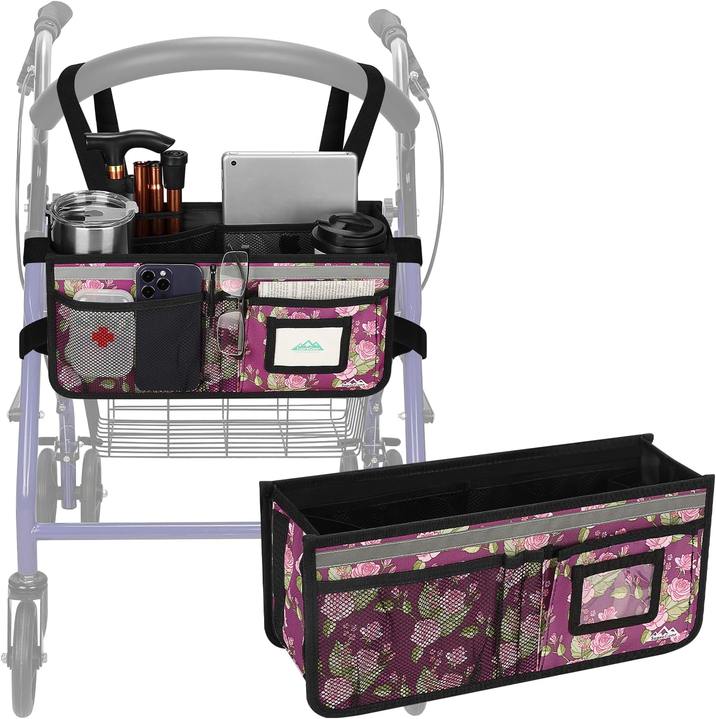 supregear Rollator Basket, Large Capacity Organizer Bag with Multiple Pockets, Foldable Universal Waterproof Storage Bag for Seniors, Purple Floral