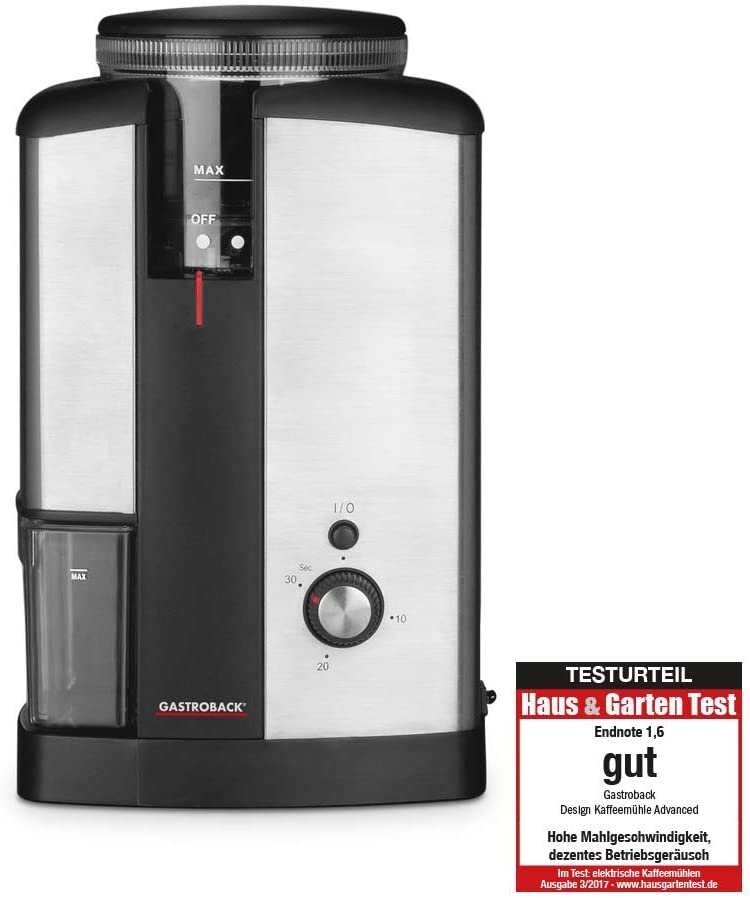 Gastroback 42602 Design Coffee Grinder Advanced, Stainless Steel High-Performance Grinder with 32 Fineness Degrees, 130 Watt, Silver, Black