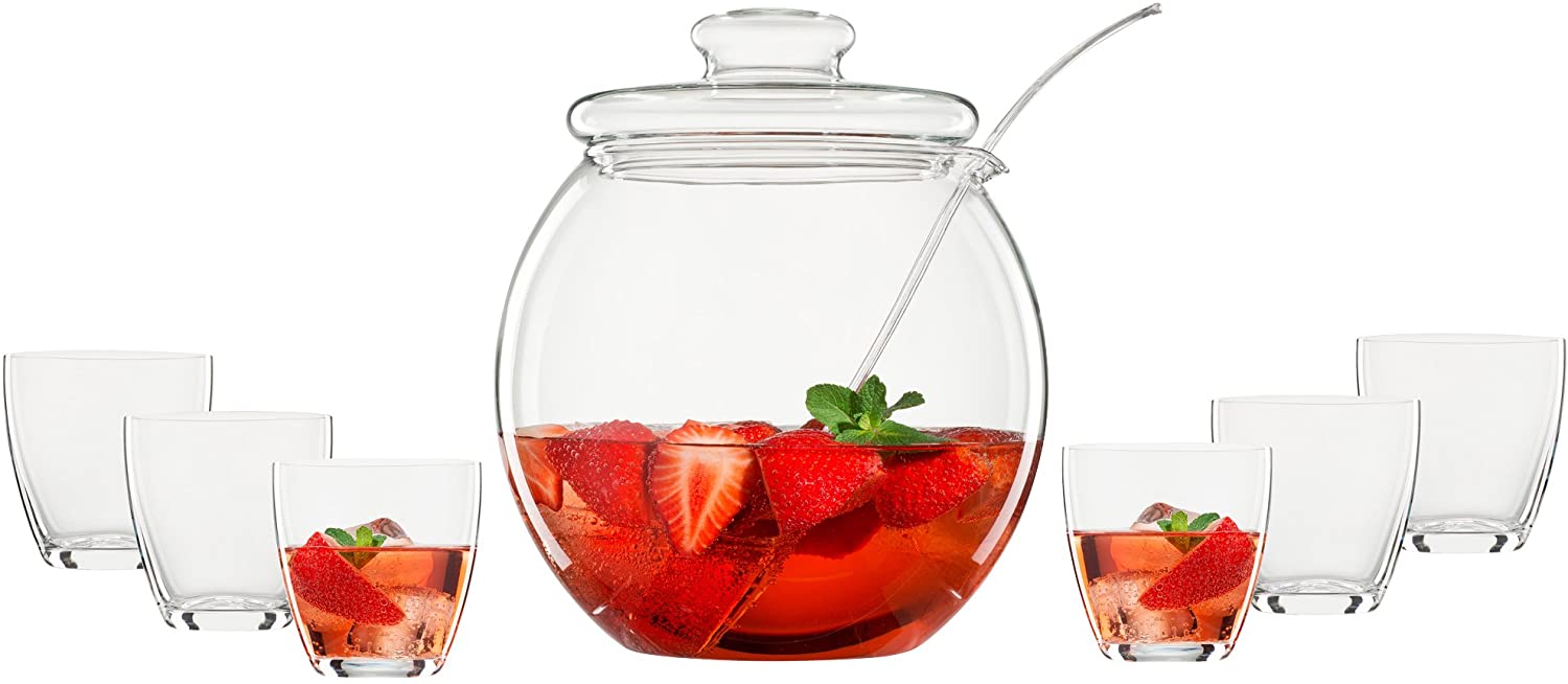 Bohemia Cristal 093 006 146 Bowls Set 9 Pieces 1 Punch Body Approx. 4.5 Litres with Heat-Resistant Borosilicate Glass Lid + 6 Cups Approx. 300 ml Made of Crystal Glass