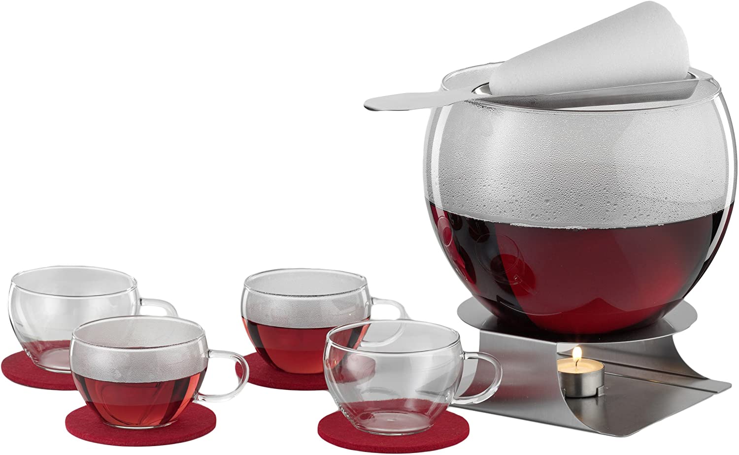 Bohemia Cristal 093 100 156 Fire Tongs Punch Set 11 Pieces 1 Bowl Body Approx. 3.5 Litres Heat-Resistant Borosilicate Glass + 4 Cups Approx. 250 ml Heat-Resistant Borosilicate Glass + 4 Felt Coasters