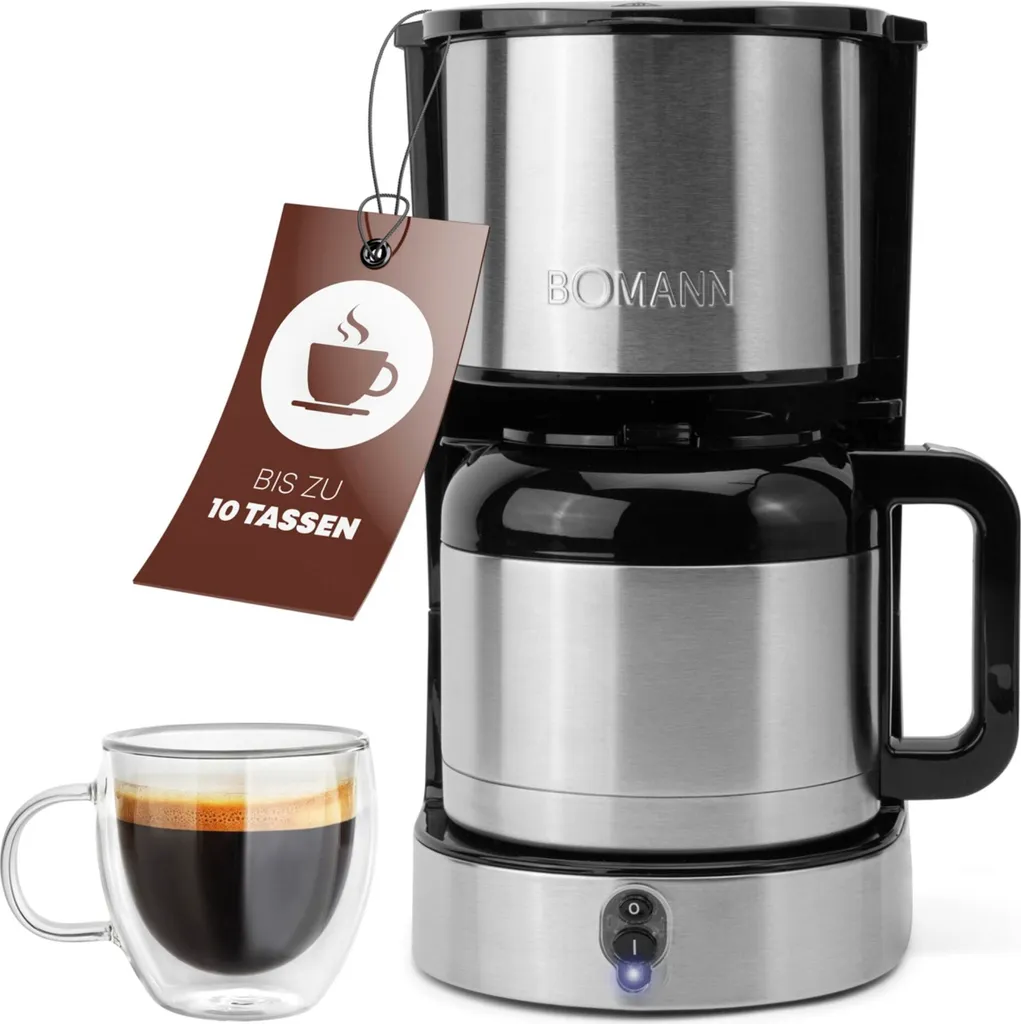 Bomann coffee maker with thermal carafe for 8–10 cups of coffee (approx. 1.2L) | Stainless steel filter coffee machine | Double-walled thermal carafe | No temperature loss | 800W | KA 6066 CB