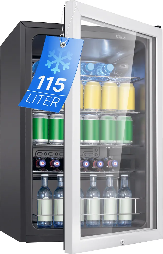 Bomann® Beverage Refrigerator 115L Capacity | Minibar with 4 Shelves & Bottle Holder | with LED Lighting & Lockable Door | KSG 7288
