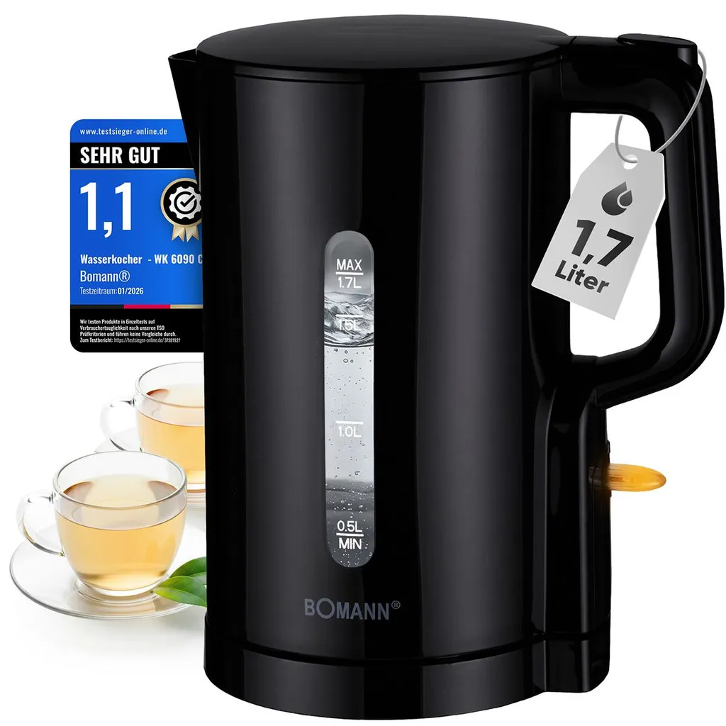 Bomann® Kettle 1.7L | BPA-free | 2200W | One-handed operation | Water level indicator | Overheating protection | WK 6090 CB black