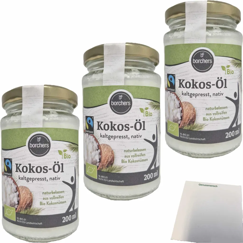 Borchers cold-pressed, virgin coconut oil, 3-pack (3 x 200ml glass jars) + usy block