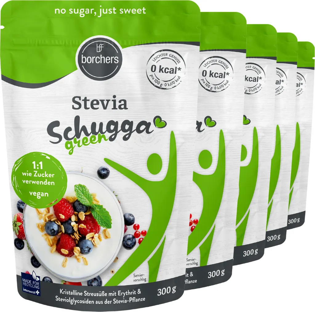 BORCHERS Schugga green, Crystalline Sprinkled Sweetener, Stevia-Erythritol Blend (5x300g)