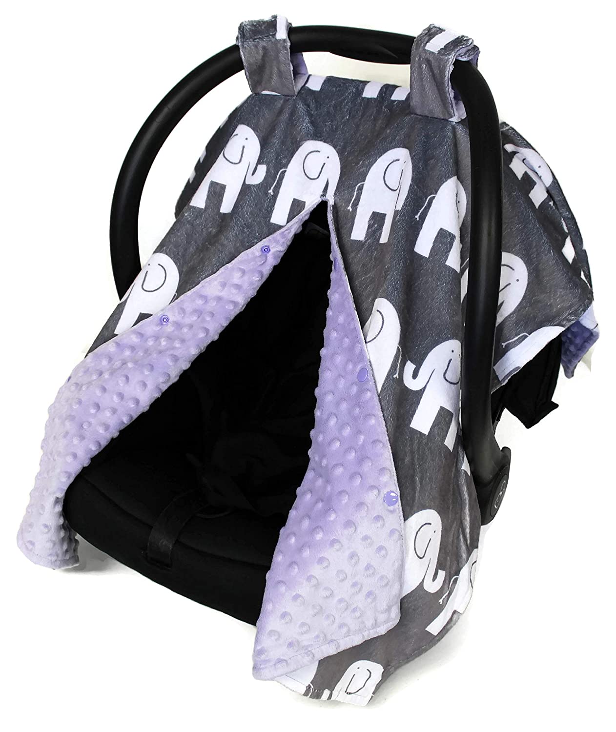 Dear Baby Gear Deluxe Minky Print White Elephant Lavender Minky Dot Car Seat Canopy