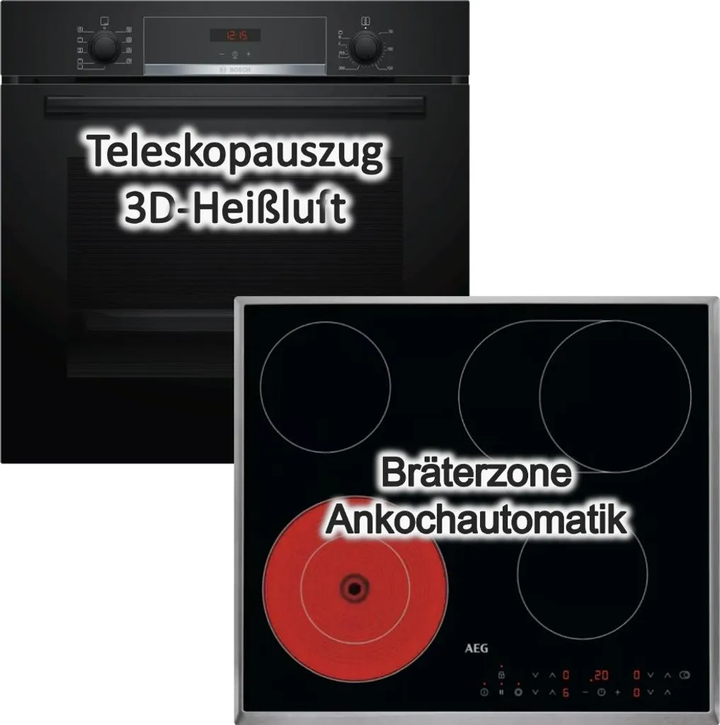 Bosch Oven Set 71 Liters Black Hydrolysis Pizza Function with Telescopic Rails + AEG Cooktop 60 cm Glass Ceramic Stainless Steel Frame TouchControl