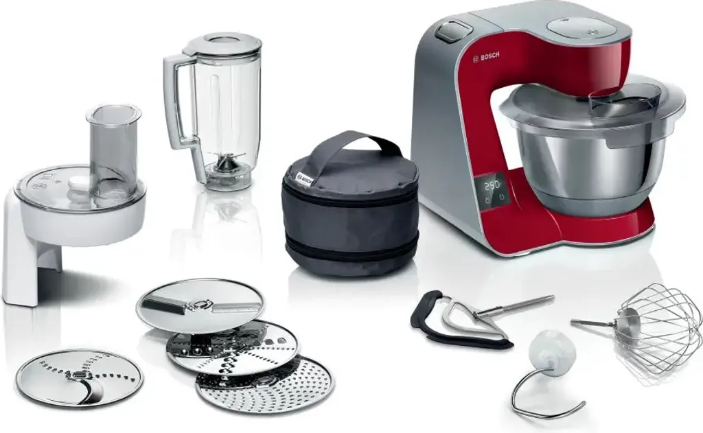 Bosch MUM5X720 food processor with scale, 1000 W, 3D mixing system & multi-function arm, 3.9 l, red/silver
