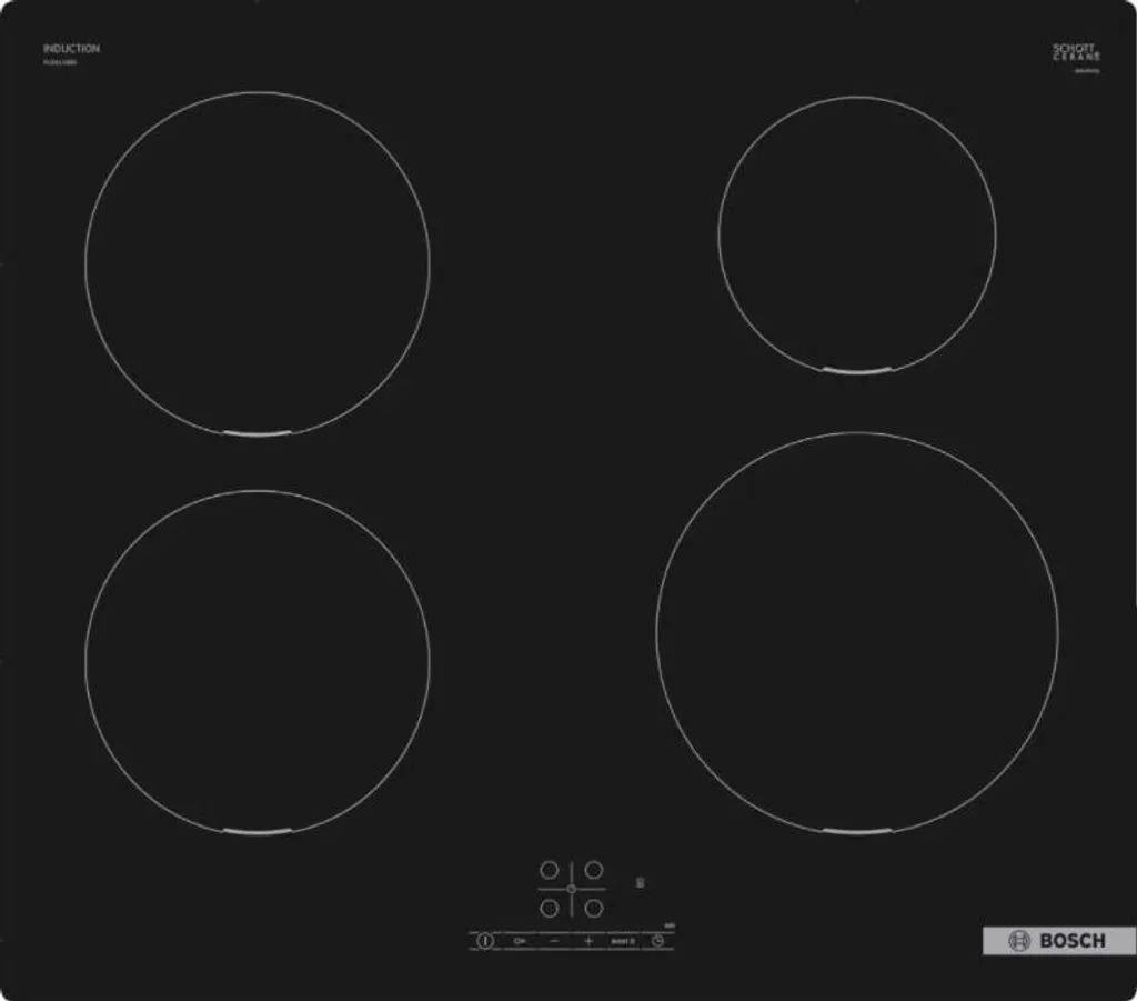 Bosch Series 4 PUE611BB5D, Black, Integrated, 59.2 cm, Zone Induction Hob, Glass Ceramic, 4 Zone(s)
