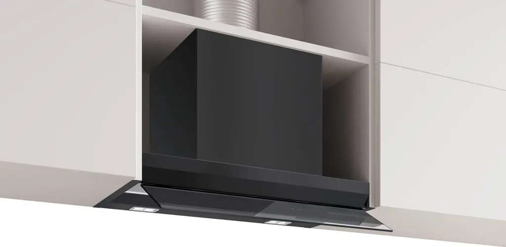 Bosch Series 6 DBB67DP60, Integrated designer hood, 60 cm, clear glass with black print, matte black