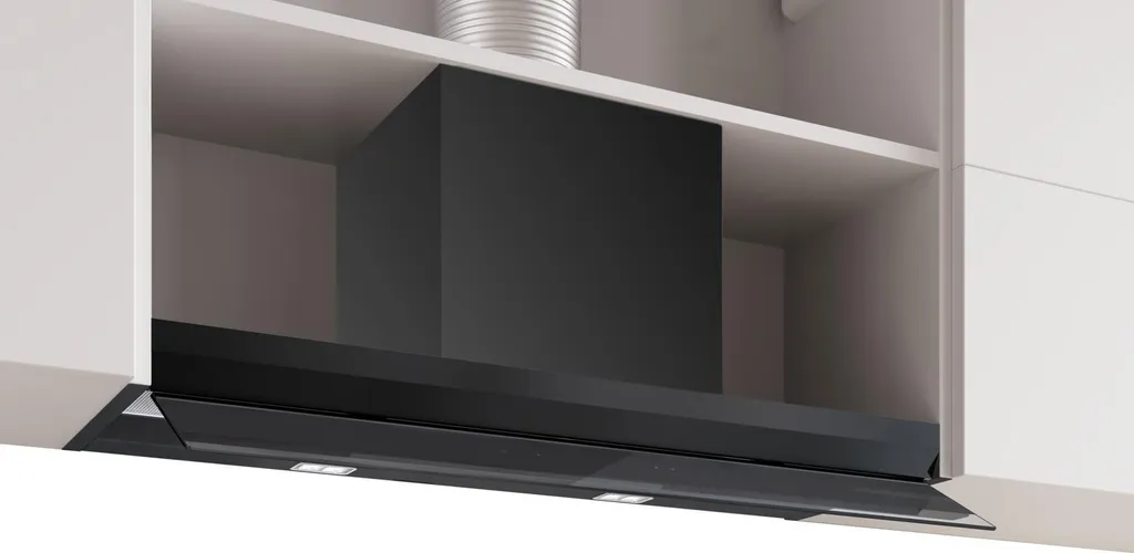 Bosch Series 6 DBB97DP60, Integrated designer hood, 90 cm, clear glass with black print, matte black