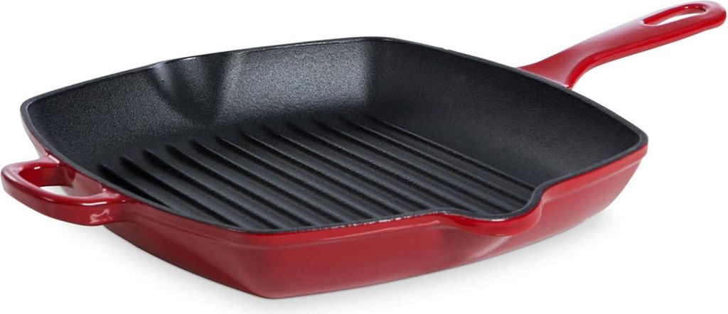 Markenlos Bourgogne Enamel Cast Iron Induction Grill Pan with Non-Stick Coating - PFAS-Free - Dishwasher Safe - Chili Red - Cast Iron Grill Pan - Induction Pan