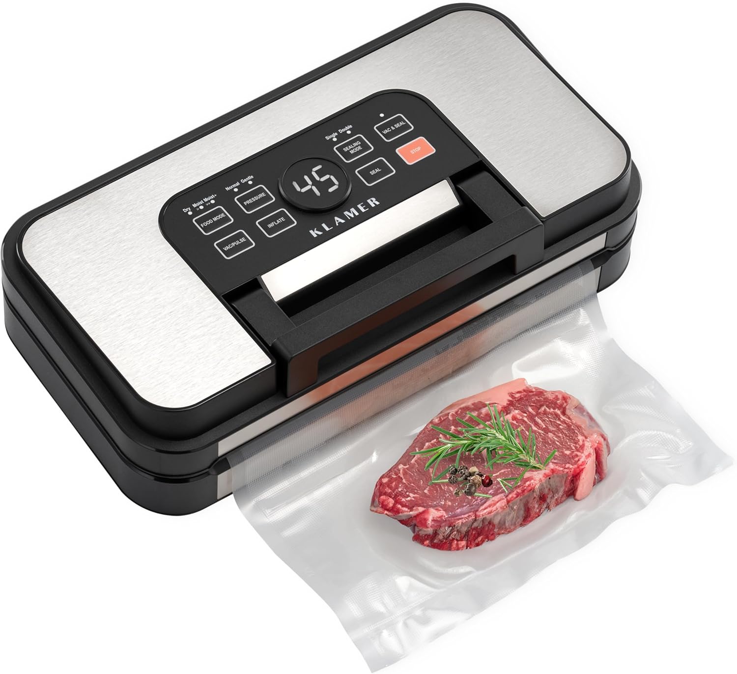 KLAMER Premium Vacuum Sealer for Food - Vacuum Sealer for Dry & Wet Food as well as Sous Vide - Double Sealing Seam (Silver)