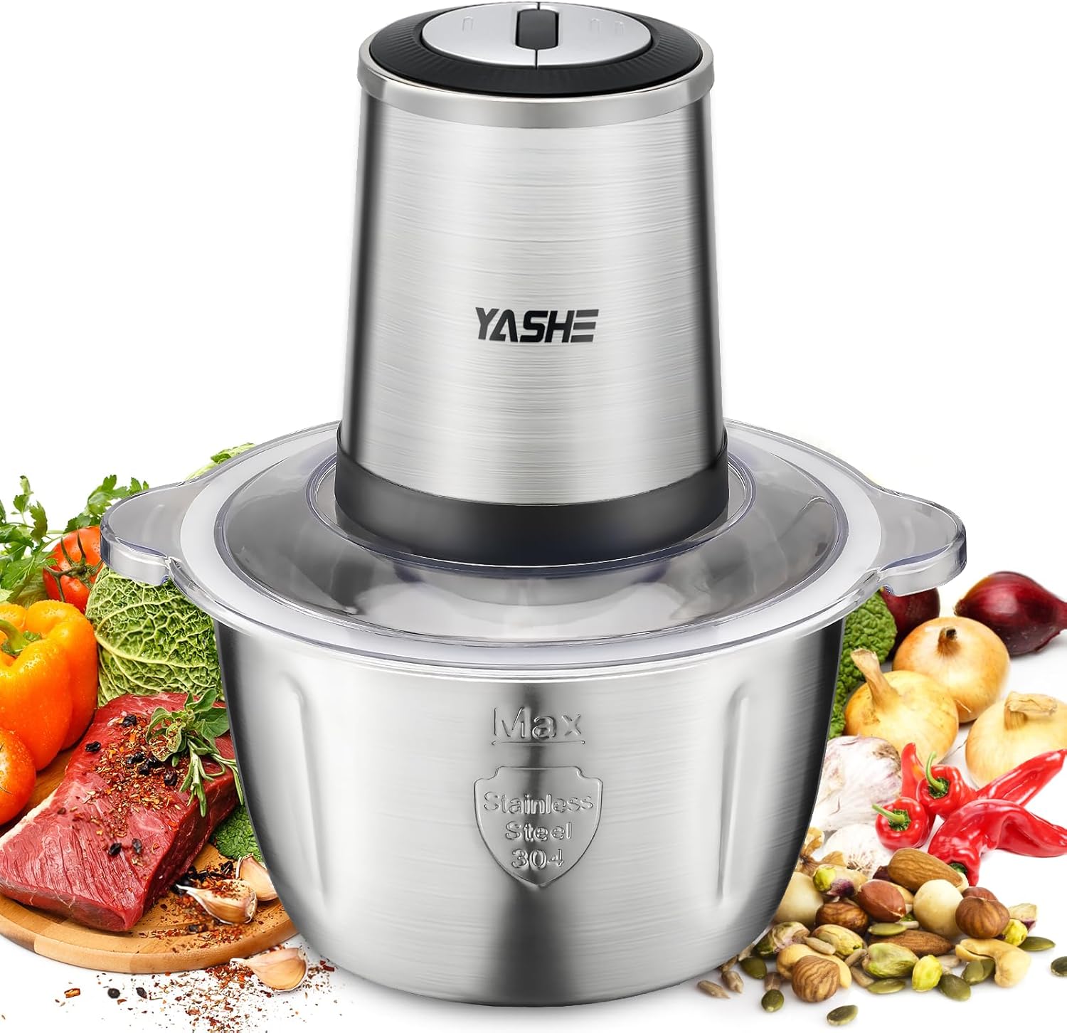 YASHE Kitchen Chopper 500 W, Electric Chopper with 1.8 L Stainless Steel Bowl, Mini Food Processor with 4 Double Blades and 2 Speeds
