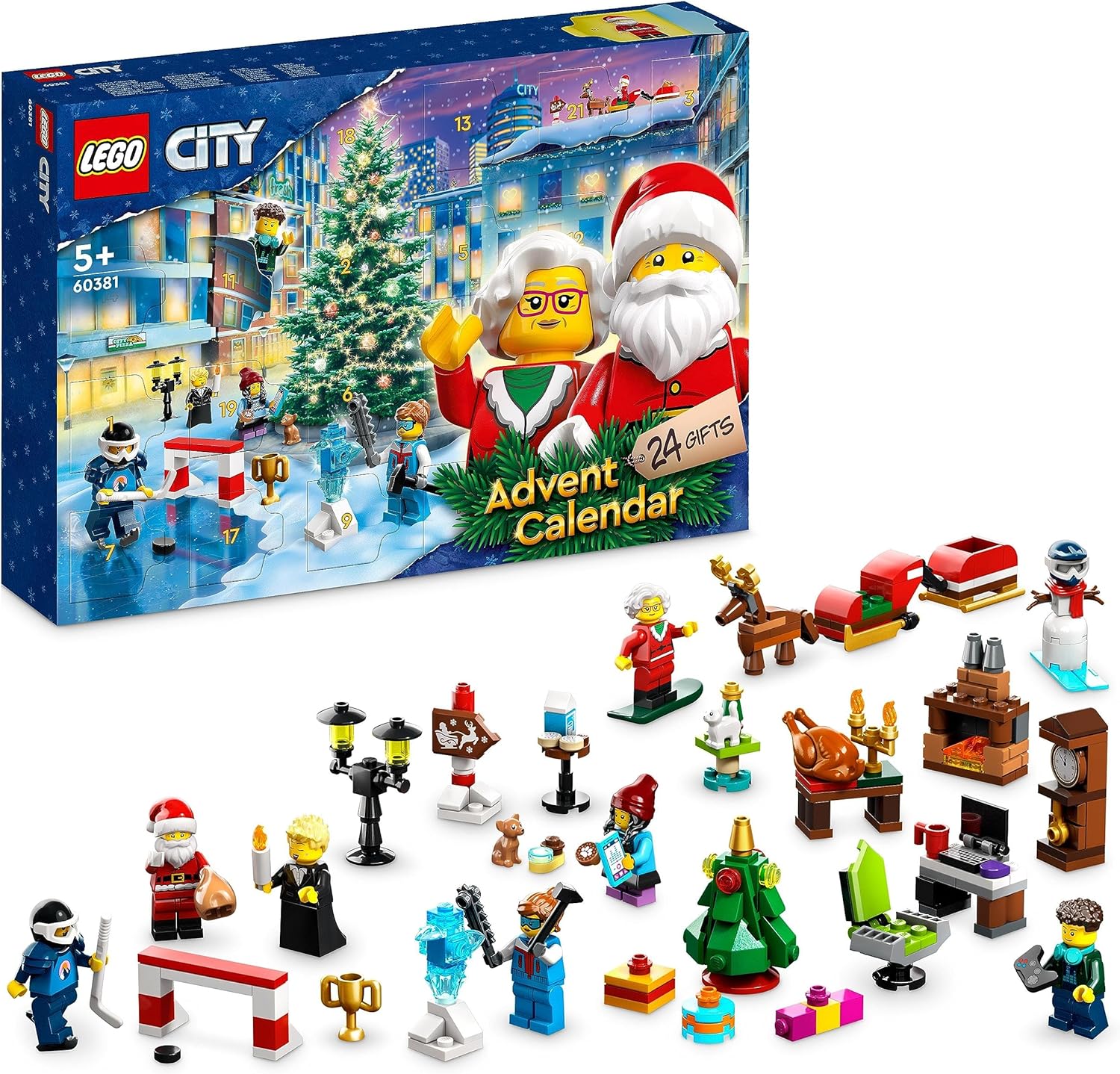 LEGO 60381 City Advent Calendar 2023, Christmas Calendar with 24 Gifts Including Santa Claus and Reindeer Figures Plus Winter Wonderland Play Mat, Gift for Children, Boys, Girls