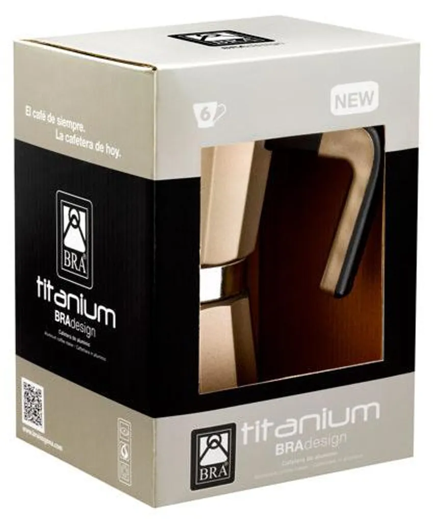 BRA Titanium | Italian coffee maker for 6 cups, aluminum housing with non-stick coating on the bottom, suitable for gas, glass and electric hobs, heat-resistant Bakelite handle