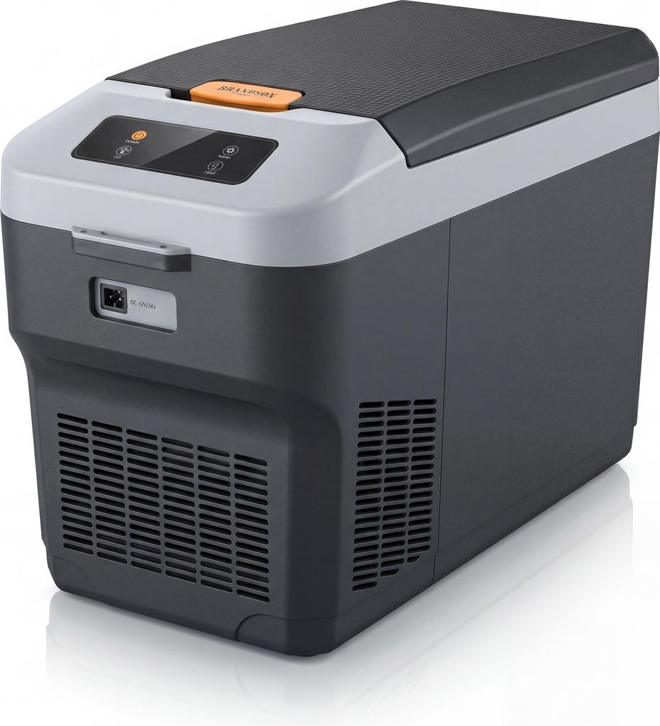 Brandson electric compressor cool box, down to -22°C, ECO mode, for car & home, 27 l, 12–24 V car/ 230 V, battery monitor, two compartments, vegetable compartment