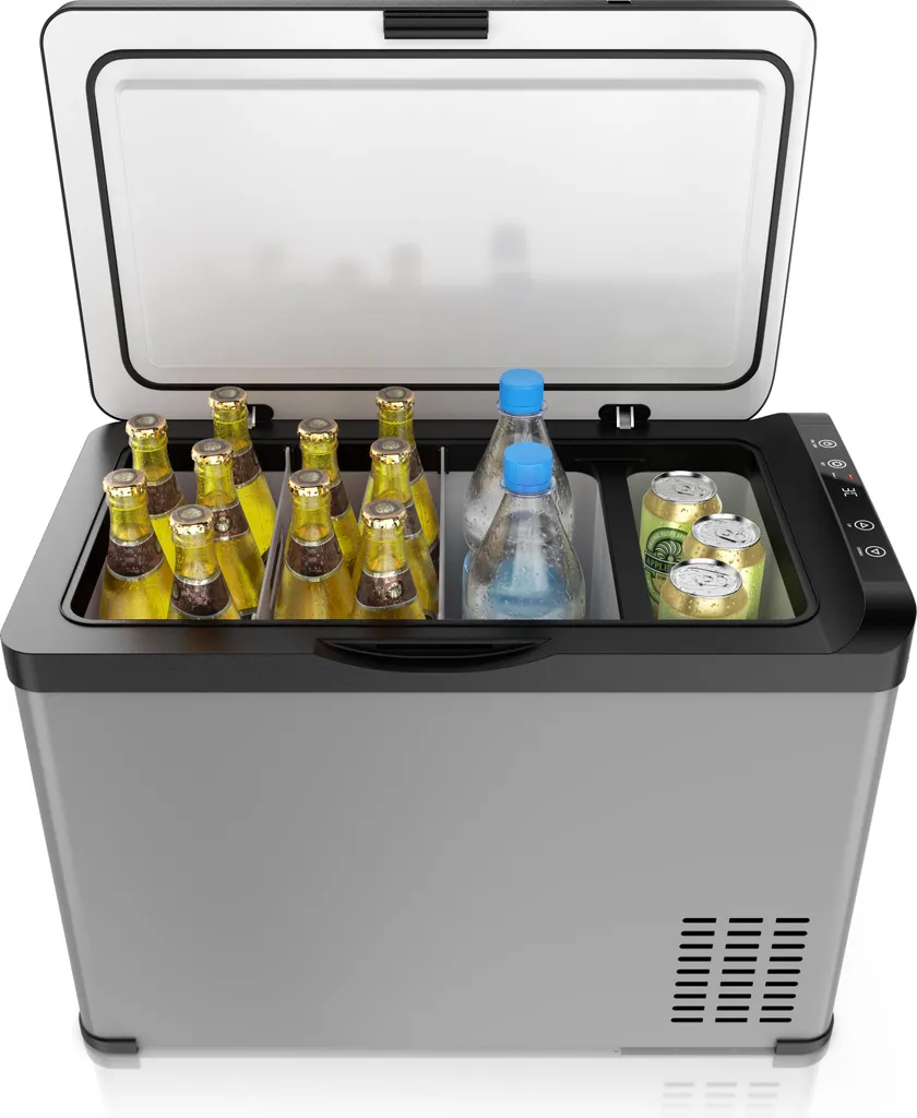 Brandson electric compressor cool box, ECO mode, down to -22°C, for car & home, 30 l, 12–24 V car/ 230 V, LED display, vegetable compartment, carrying handles